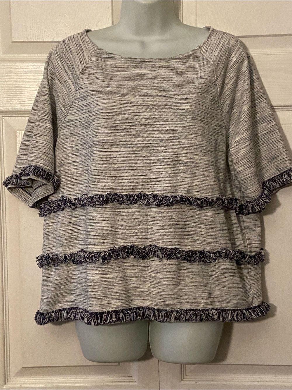 Chico’s Casual Gray Melange Fringe-Trim Short Sleeve Top sz 2/L Cotton Blend
